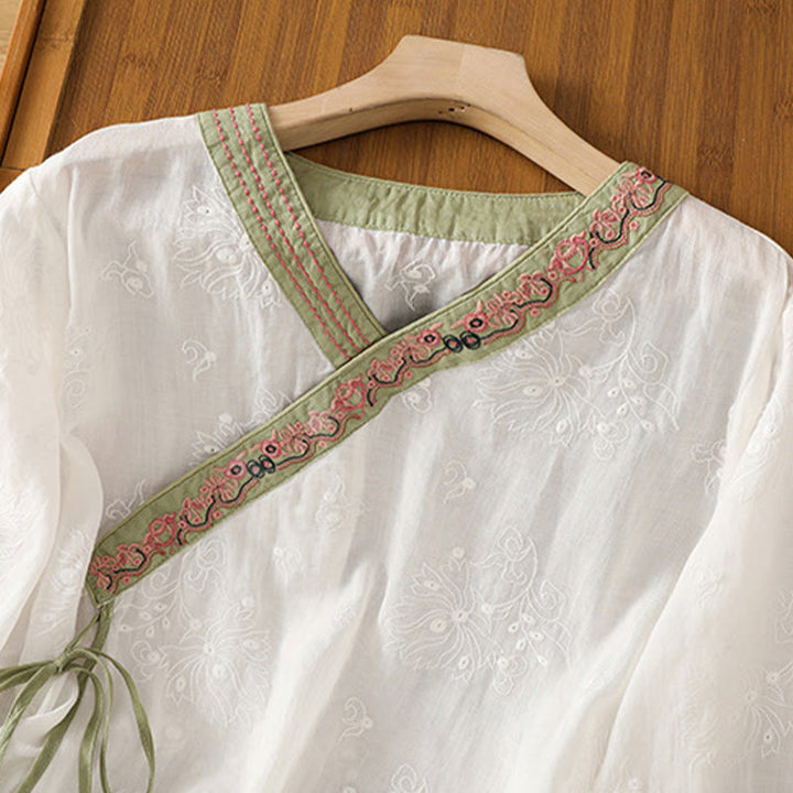 Chemise d'été en coton et lin pour femme, motif floral brodé, style vintage, col en V, à lacets - image 9