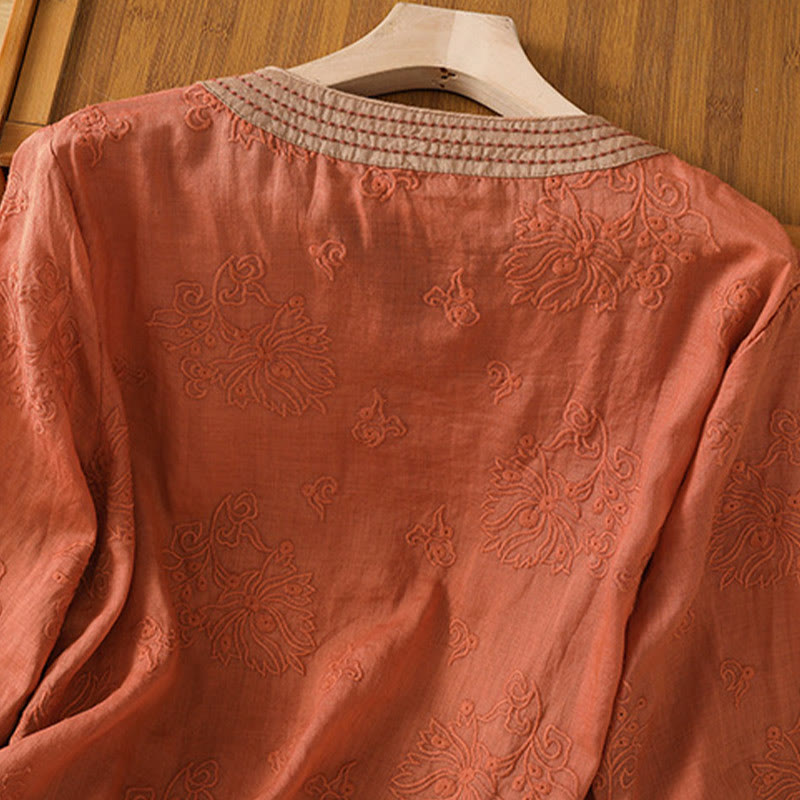 Chemise d'été en coton et lin pour femme, motif floral brodé, style vintage, col en V, à lacets - image 3