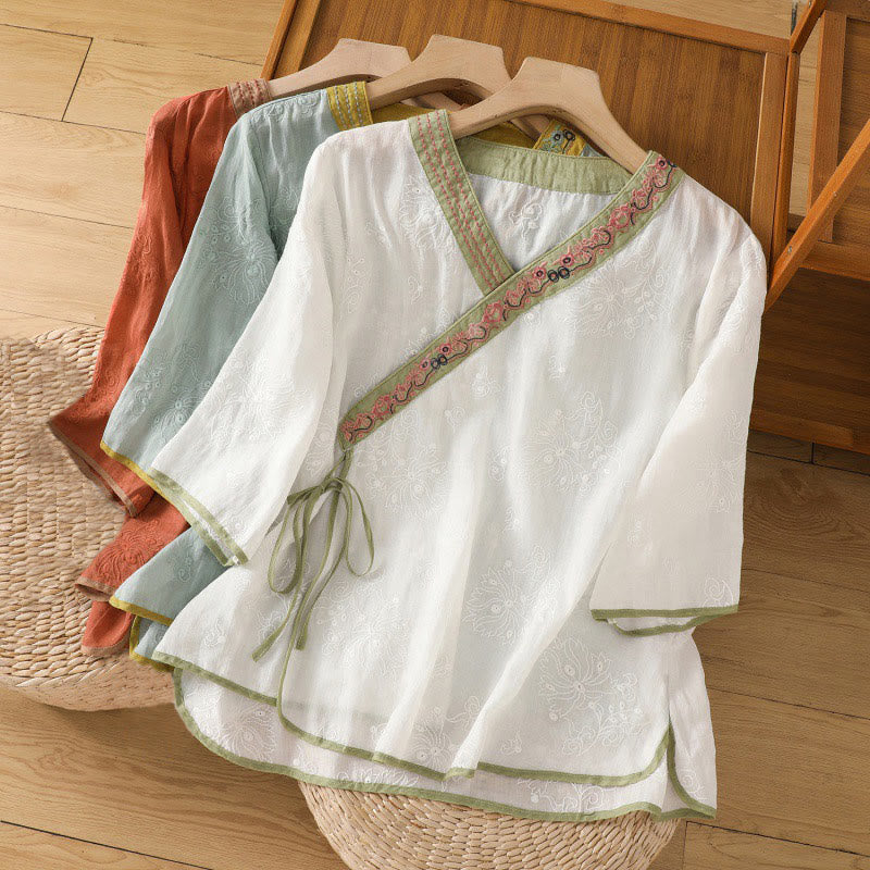 Chemise d'été en coton et lin pour femme, motif floral brodé, style vintage, col en V, à lacets - image 24