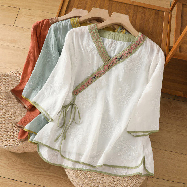 Chemise d'été en coton et lin pour femme, motif floral brodé, style vintage, col en V, à lacets - image 24