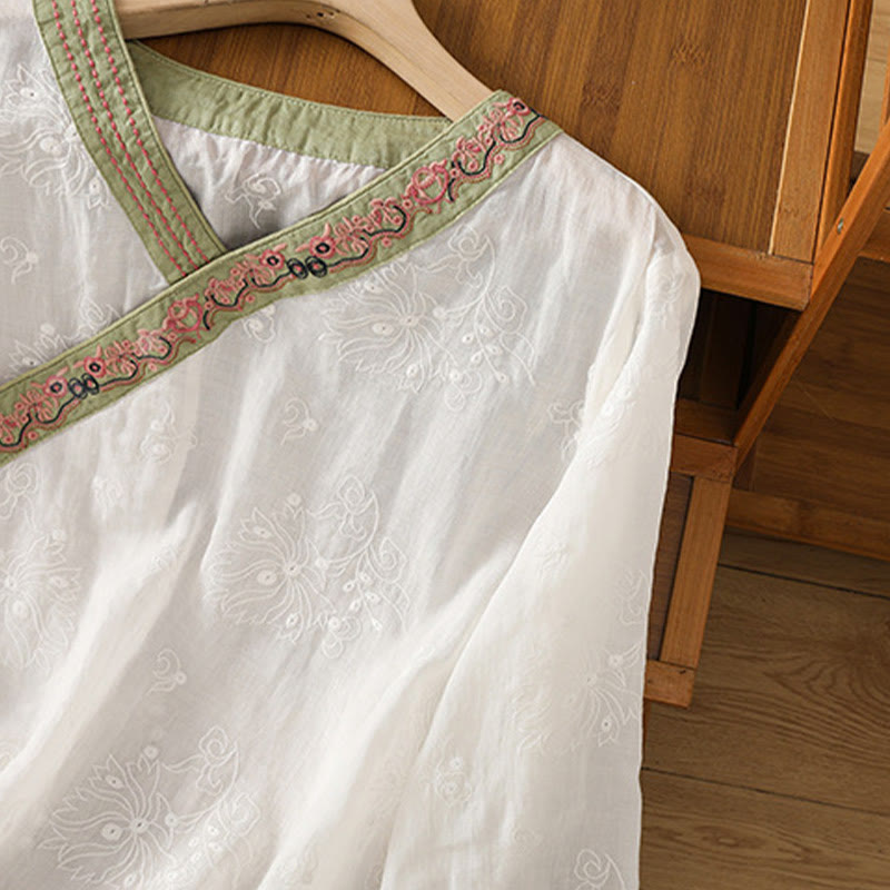 Chemise d'été en coton et lin pour femme, motif floral brodé, style vintage, col en V, à lacets - image 11