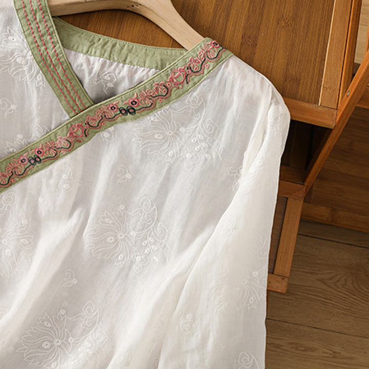 Chemise d'été en coton et lin pour femme, motif floral brodé, style vintage, col en V, à lacets - image 11