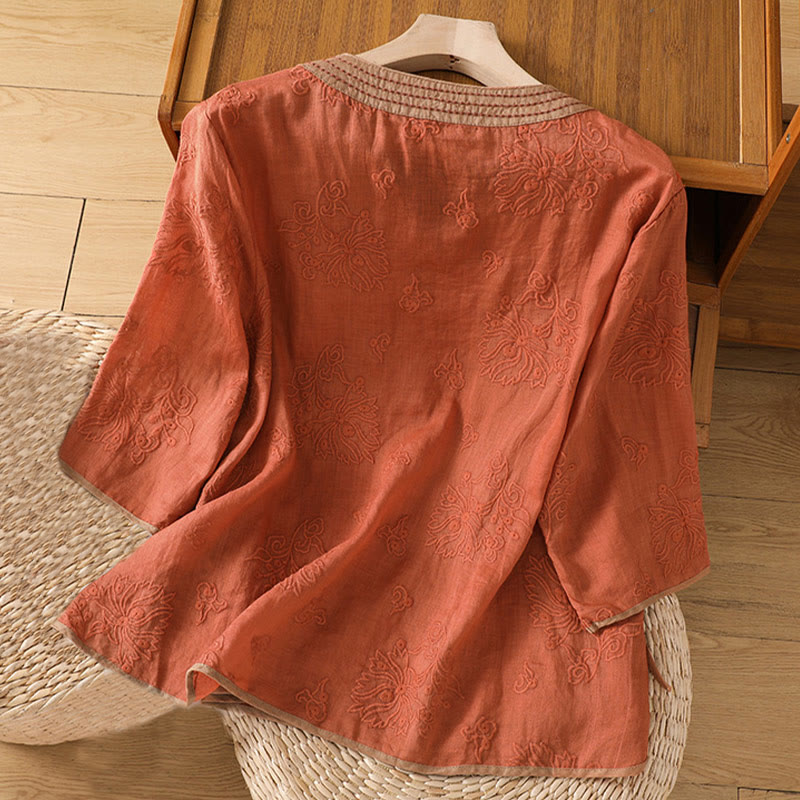 Chemise d'été en coton et lin pour femme, motif floral brodé, style vintage, col en V, à lacets - image 1