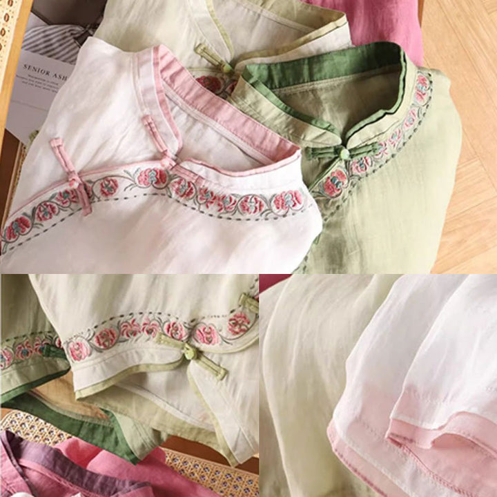 Chemise en coton et lin à manches trois-quarts pour femme, motif floral chinois, broderie vintage Buddha Stones , motif grenouille, boutons - image 7