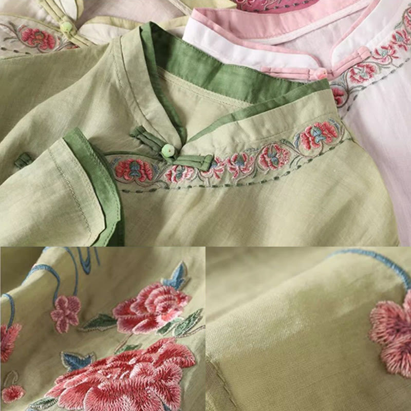 Chemise en coton et lin à manches trois-quarts pour femme, motif floral chinois, broderie vintage Buddha Stones , motif grenouille, boutons - image 5