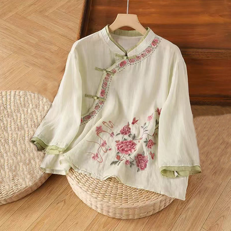 Chemise en coton et lin à manches trois-quarts pour femme, motif floral chinois, broderie vintage Buddha Stones , motif grenouille, boutons - Jaune clair - US12, UK/AU16, EU44 (4XL) - image 3