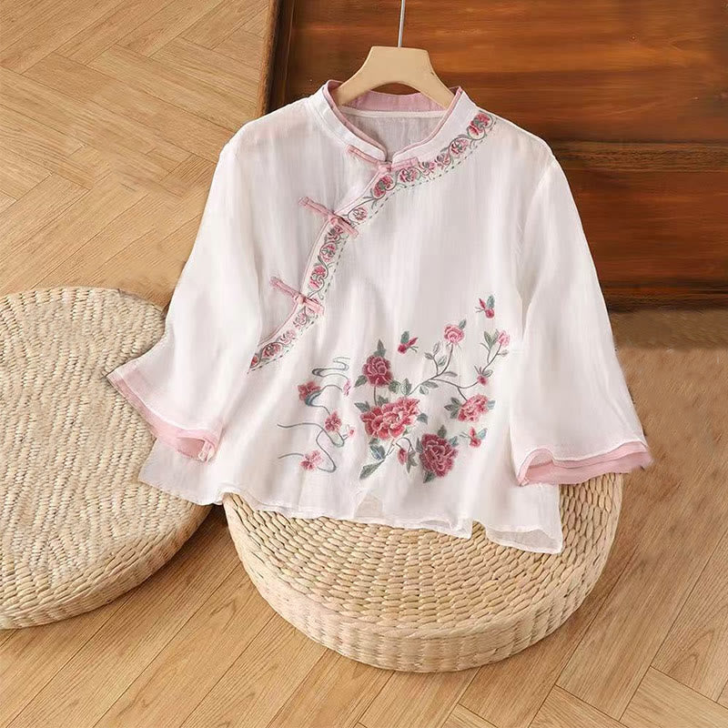 Chemise en coton et lin à manches trois-quarts pour femme, motif floral chinois, broderie vintage Buddha Stones , motif grenouille, boutons - LavandeBlush - US12, UK/AU16, EU44 (4XL) - image 1