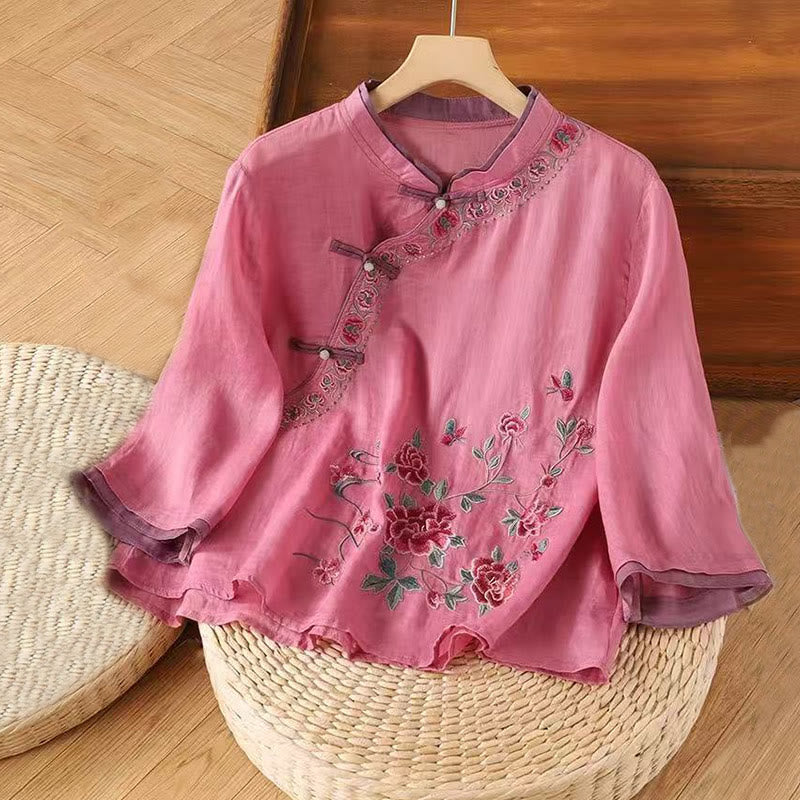 Chemise en coton et lin à manches trois-quarts pour femme, motif floral chinois, broderie vintage Buddha Stones , motif grenouille, boutons - Rouge violet moyen - US12, UK/AU16, EU44 (4XL) - image 4