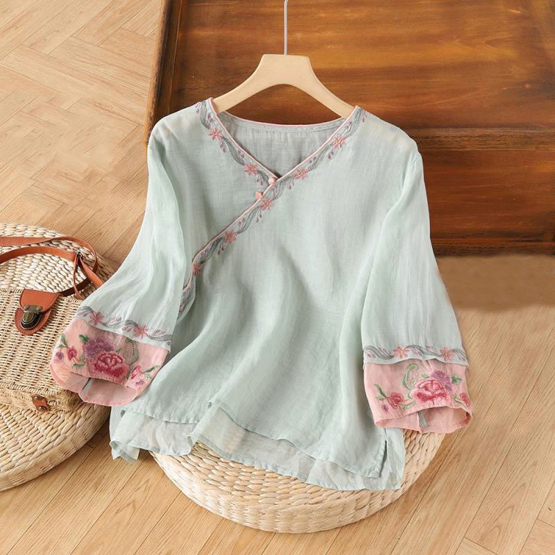 Chemise en coton à manches trois-quarts pour femme, motif Buddha Stones, style rétro, broderie, boutons, printemps - Bleu poudré - US14，UK/AU18，EU46 (4XL) - image 4