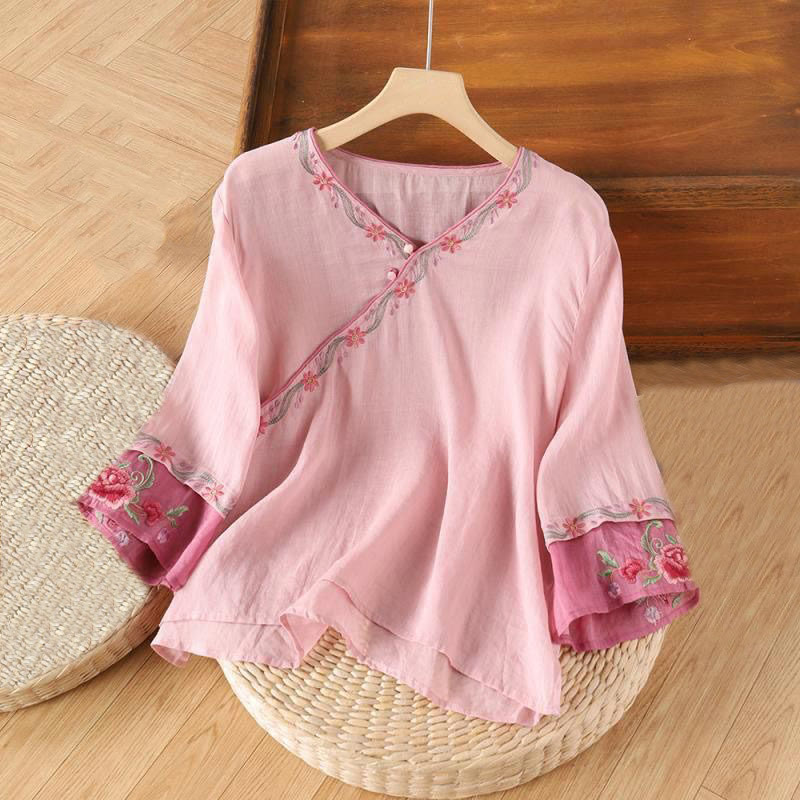 Chemise en coton à manches trois-quarts pour femme, motif Buddha Stones, style rétro, broderie, boutons, printemps - Rose clair - US14，UK/AU18，EU46 (4XL) - image 1