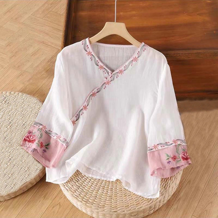 Chemise en coton à manches trois-quarts pour femme, motif Buddha Stones, style rétro, broderie, boutons, printemps - Blush lavande - US14，UK/AU18，EU46 (4XL) - image 3