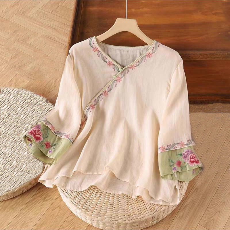 Chemise en coton à manches trois-quarts pour femme, motif Buddha Stones, style rétro, broderie, boutons, printemps - Amandes blanchies - US14，UK/AU18，EU46 (4XL) - image 0