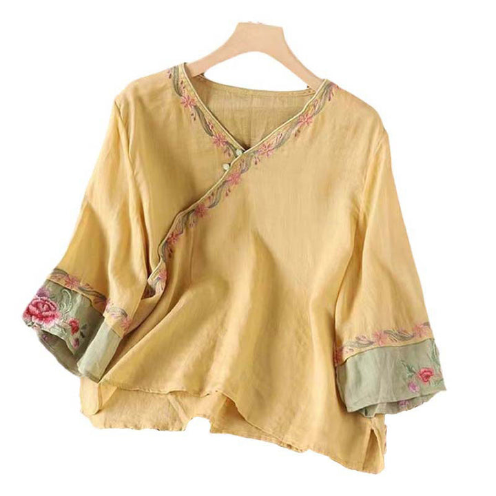 Chemise en coton à manches trois-quarts pour femme, motif Buddha Stones, style rétro, broderie, boutons, printemps - image 7