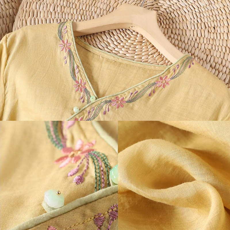 Chemise en coton à manches trois-quarts pour femme, motif Buddha Stones, style rétro, broderie, boutons, printemps - image 6