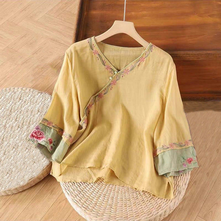 Chemise en coton à manches trois-quarts pour femme, motif Buddha Stones, style rétro, broderie, boutons, printemps - Kaki - US14，UK/AU18，EU46 (4XL) - image 5