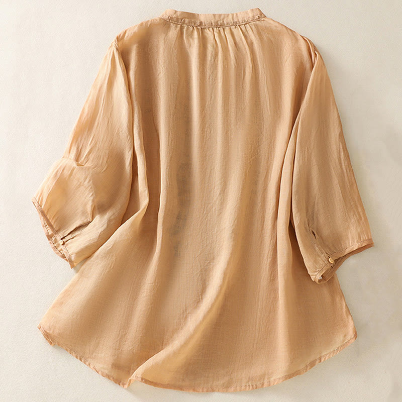 Chemise à manches trois-quarts pour femme, ornée d'une broderie artistique décontractée à motif de feuilles et de Buddha Stones - image 1
