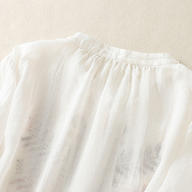 Chemise à manches trois-quarts en coton et lin pour femme, ornée de broderies artistiques décontractées à motif de feuilles et de Buddha Stones - image 16