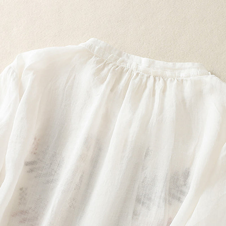 Cardigan décontracté à manches trois-quarts en coton et lin pour femme, motif feuilles et broderie artistique, motif Buddha Stones - image 16