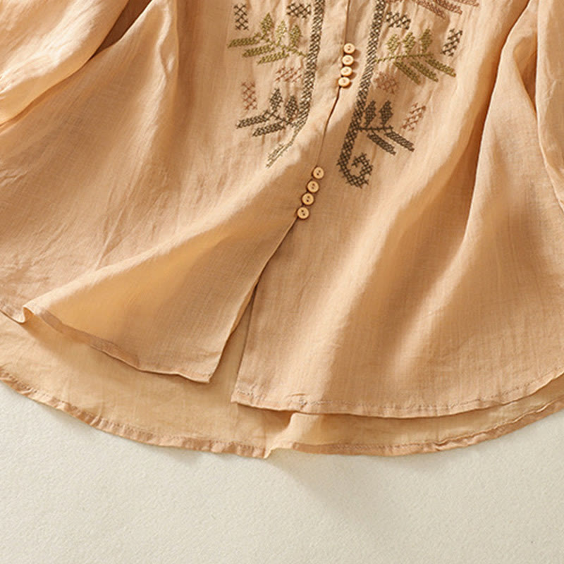 Cardigan décontracté à manches trois-quarts en coton et lin pour femme, motif feuilles et broderie artistique, motif Buddha Stones - image 7