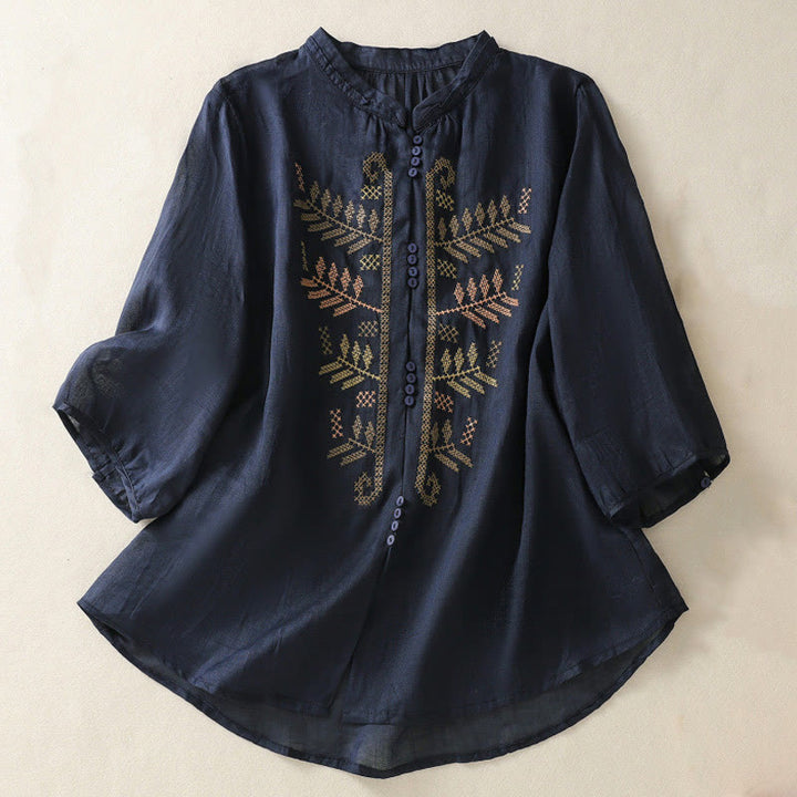 Cardigan décontracté à manches trois-quarts en coton et lin pour femme, motif feuilles et broderie artistique, motif Buddha Stones - Bleu nuit - US8-10，UK/AU12-14，EU40-42 (2XL) - image 8