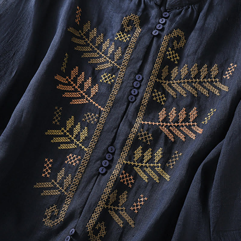 Chemise à manches trois-quarts pour femme, ornée d'une broderie artistique décontractée à motif de feuilles et de Buddha Stones - image 12