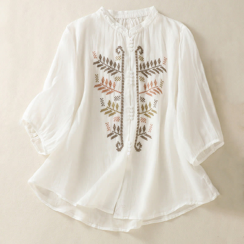 Chemise à manches trois-quarts pour femme, ornée d'une broderie artistique décontractée à motif de feuilles et de Buddha Stones - Blanc - US8-10，UK/AU12-14，EU40-42 (2XL) - image 14
