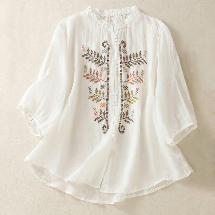 Chemise à manches trois-quarts pour femme, ornée d'une broderie artistique décontractée à motif de feuilles et de Buddha Stones - Blanc - US8-10，UK/AU12-14，EU40-42 (2XL) - image 14