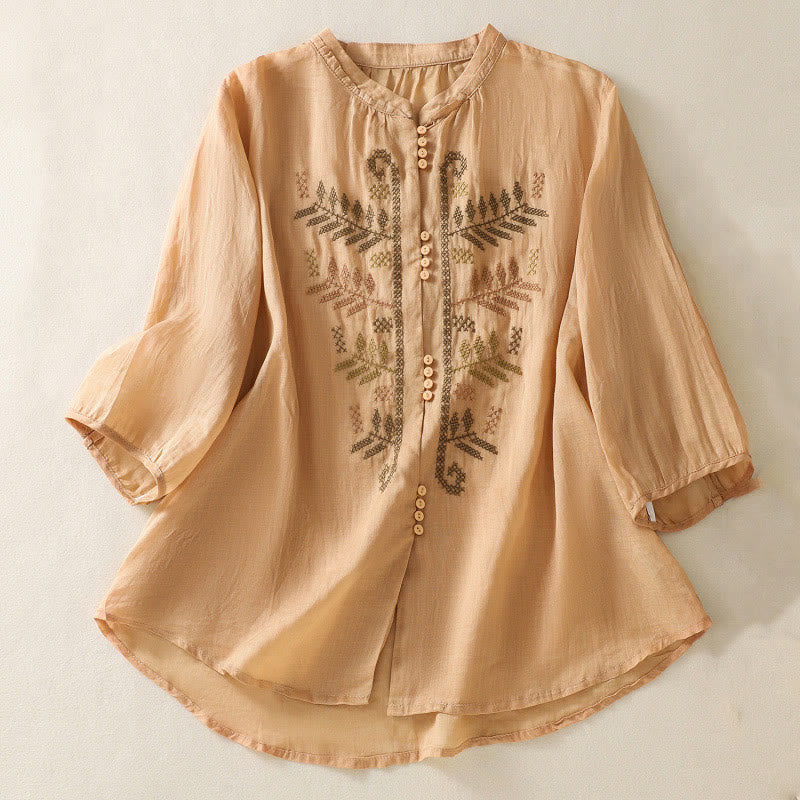 Chemise à manches trois-quarts pour femme, ornée d'une broderie artistique décontractée à motif de feuilles et de Buddha Stones - Orange - US8-10，UK/AU12-14，EU40-42 (2XL) - image 0