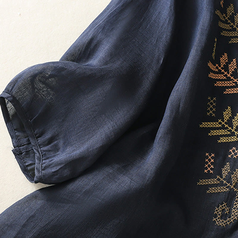 Cardigan décontracté à manches trois-quarts en coton et lin pour femme, motif feuilles et broderie artistique, motif Buddha Stones - image 11