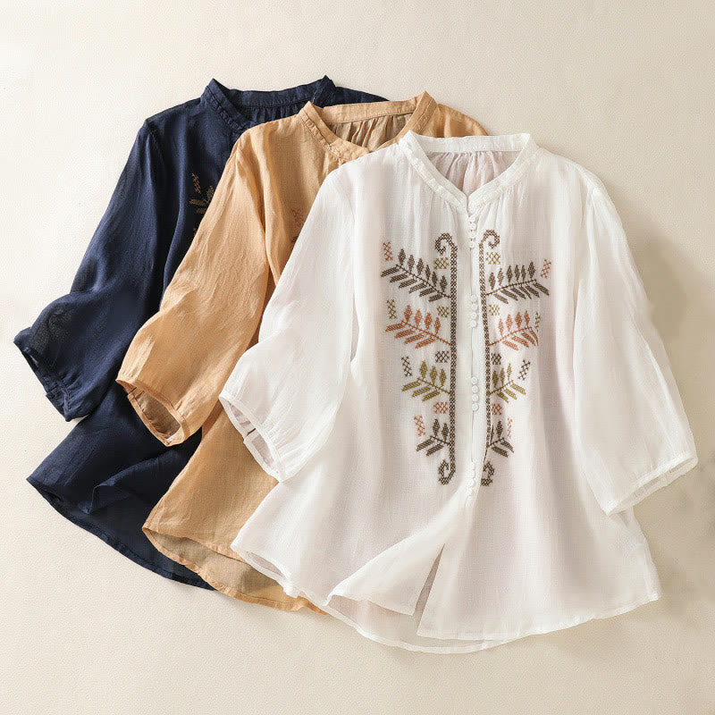 Chemise à manches trois-quarts en coton et lin pour femme, ornée de broderies artistiques décontractées à motif de feuilles et de Buddha Stones - image 22