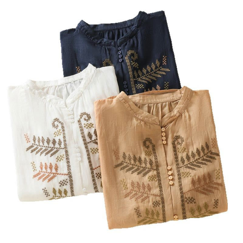 Cardigan décontracté à manches trois-quarts en coton et lin pour femme, motif feuilles et broderie artistique, motif Buddha Stones - image 24