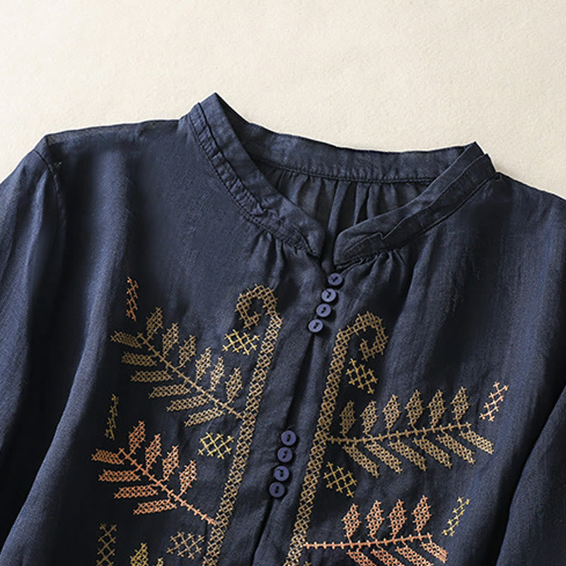 Cardigan décontracté à manches trois-quarts en coton et lin pour femme, motif feuilles et broderie artistique, motif Buddha Stones - image 9