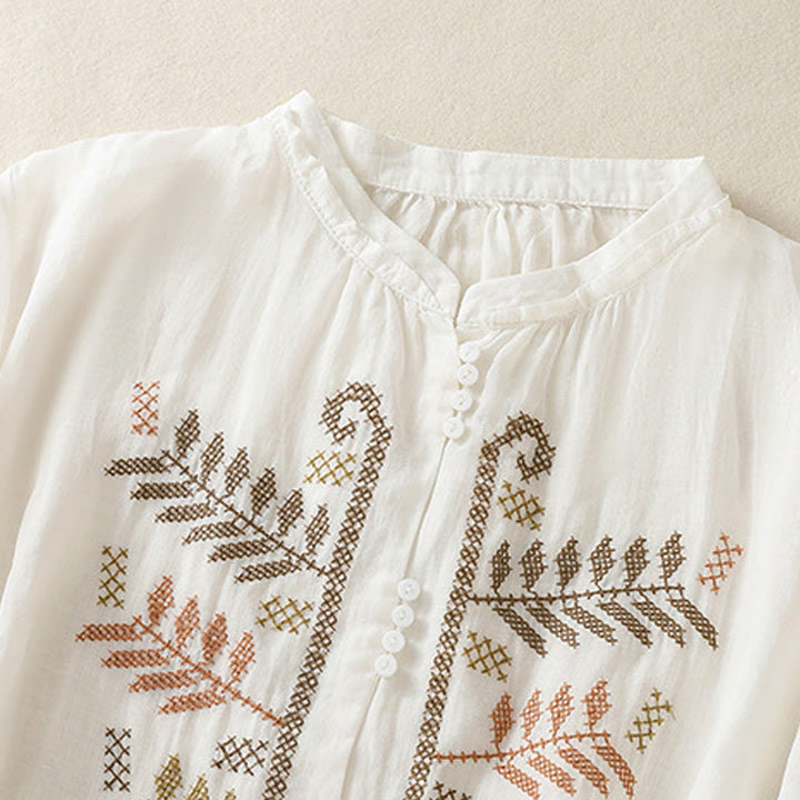 Cardigan décontracté à manches trois-quarts en coton et lin pour femme, motif feuilles et broderie artistique, motif Buddha Stones - image 15