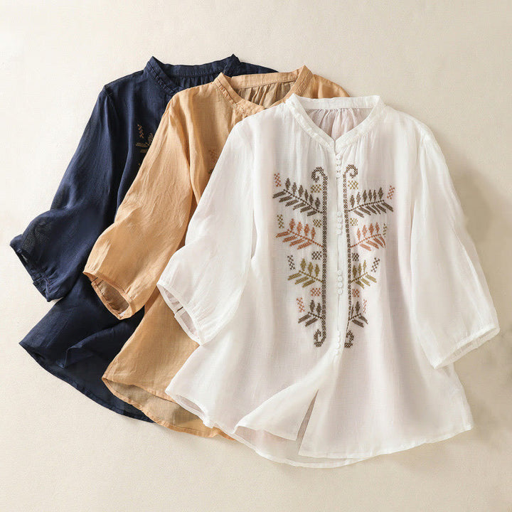 Cardigan décontracté à manches trois-quarts en coton et lin pour femme, motif feuilles et broderie artistique, motif Buddha Stones - image 22