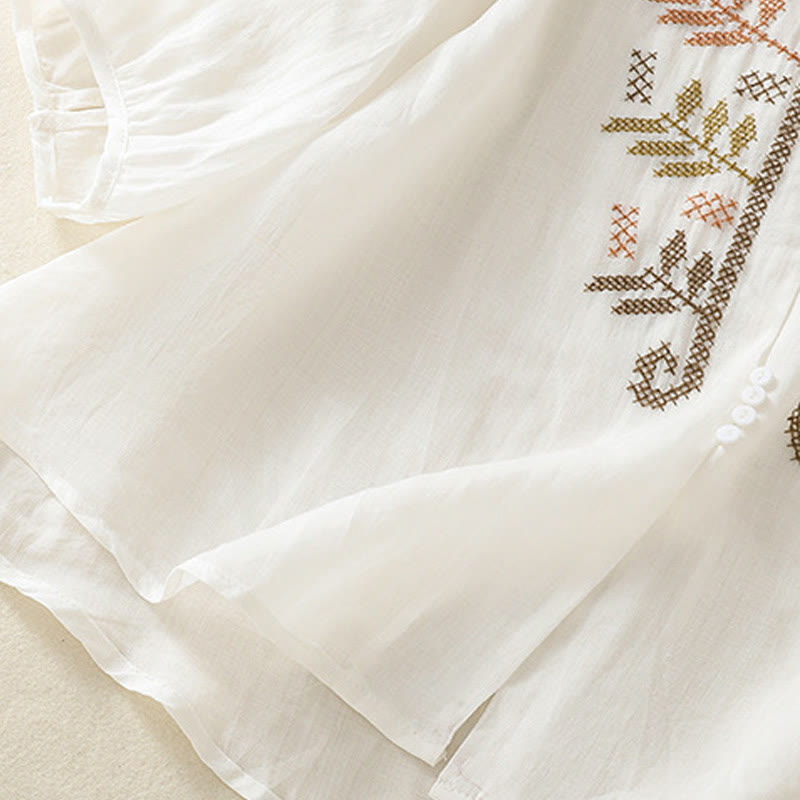 Chemise à manches trois-quarts en coton et lin pour femme, ornée de broderies artistiques décontractées à motif de feuilles et de Buddha Stones - image 20