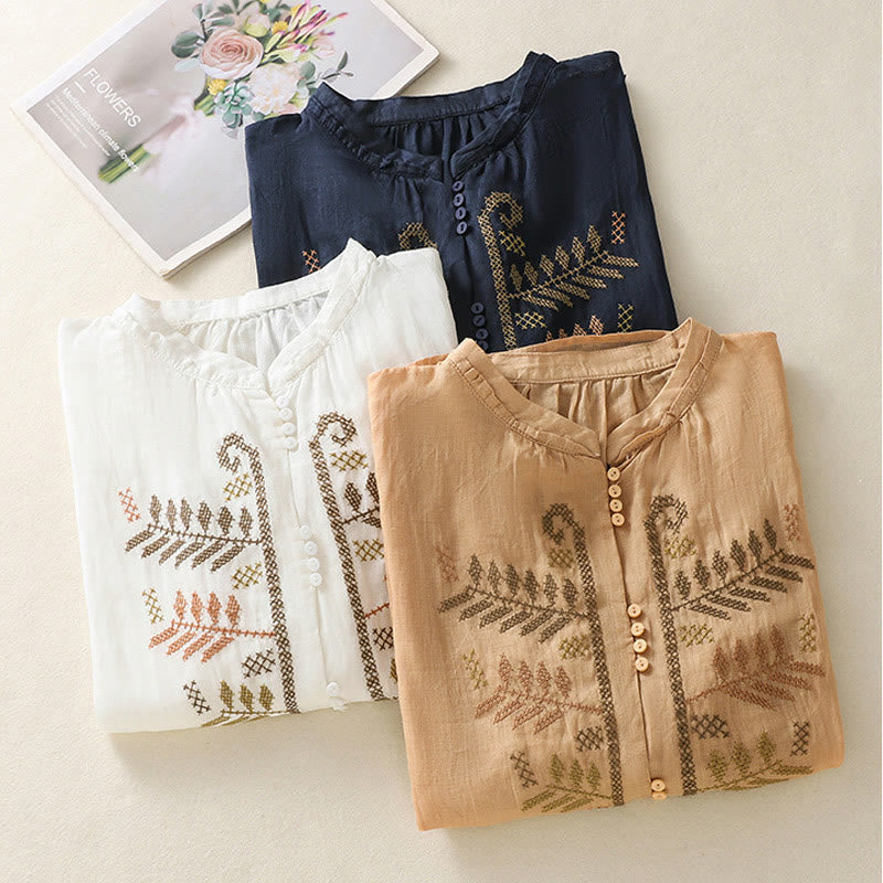 Chemise à manches trois-quarts en coton et lin pour femme, ornée de broderies artistiques décontractées à motif de feuilles et de Buddha Stones - image 23