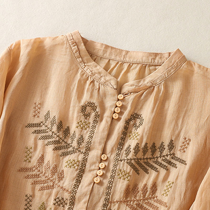 Chemise à manches trois-quarts pour femme, ornée d'une broderie artistique décontractée à motif de feuilles et de Buddha Stones - image 2