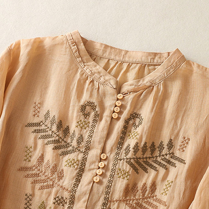 Chemise à manches trois-quarts pour femme, ornée d'une broderie artistique décontractée à motif de feuilles et de Buddha Stones - image 2