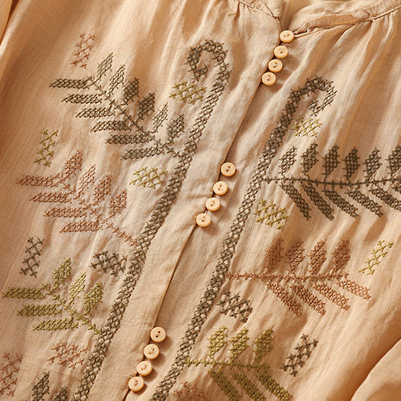 Cardigan décontracté à manches trois-quarts en coton et lin pour femme, motif feuilles et broderie artistique, motif Buddha Stones - image 5