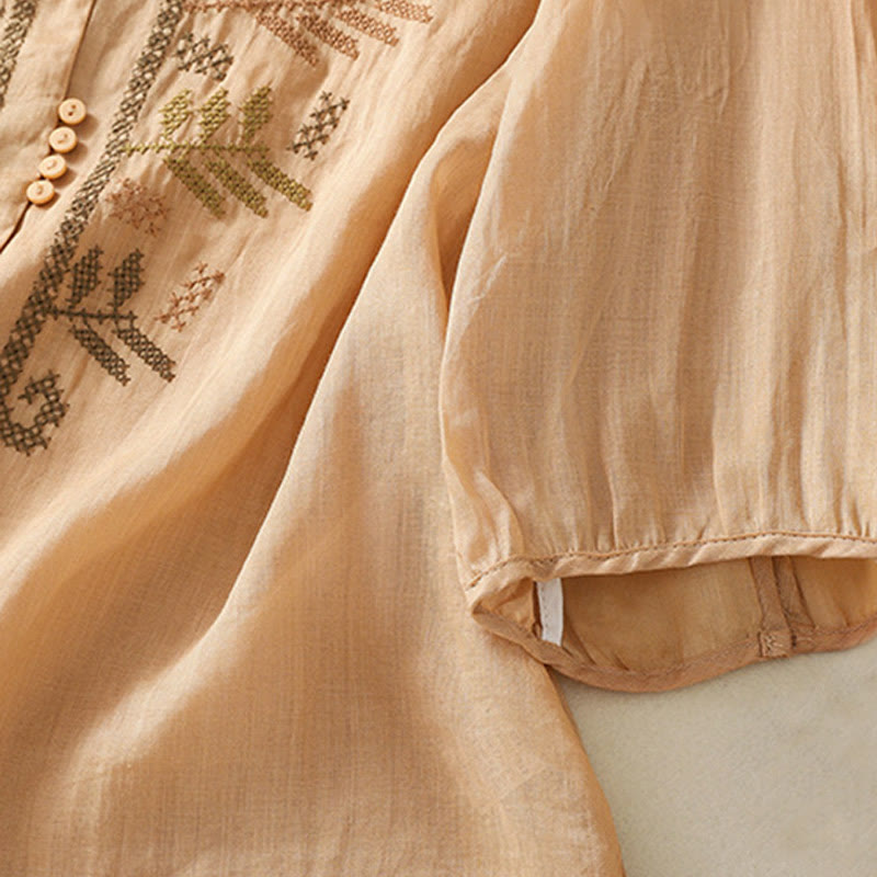 Chemise à manches trois-quarts pour femme, ornée d'une broderie artistique décontractée à motif de feuilles et de Buddha Stones - image 6