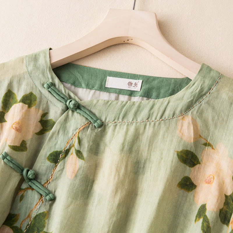 Chemise à manches longues en coton et lin pour femme, cardigan Buddha Stones , vert clair, imprimé artistique, motif floral, grenouille chinoise, boutons - image 2