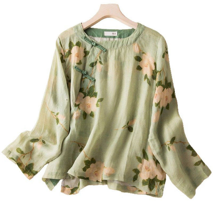 Chemise à manches longues en coton et lin pour femme, cardigan Buddha Stones , vert clair, imprimé artistique, motif floral, grenouille chinoise, boutons - image 17