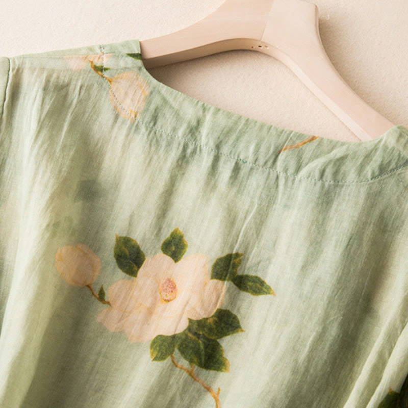 Chemise à manches longues en coton et lin pour femme, cardigan Buddha Stones , vert clair, imprimé artistique, motif floral, grenouille chinoise, boutons - image 5