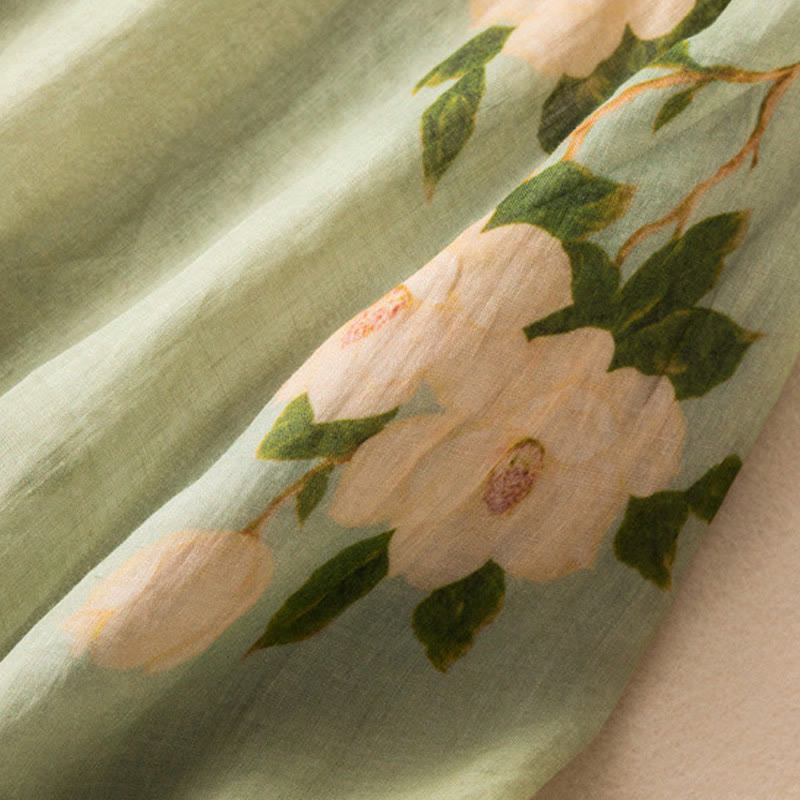 Chemise à manches longues en coton et lin pour femme, cardigan Buddha Stones , vert clair, imprimé artistique, motif floral, grenouille chinoise, boutons - image 9