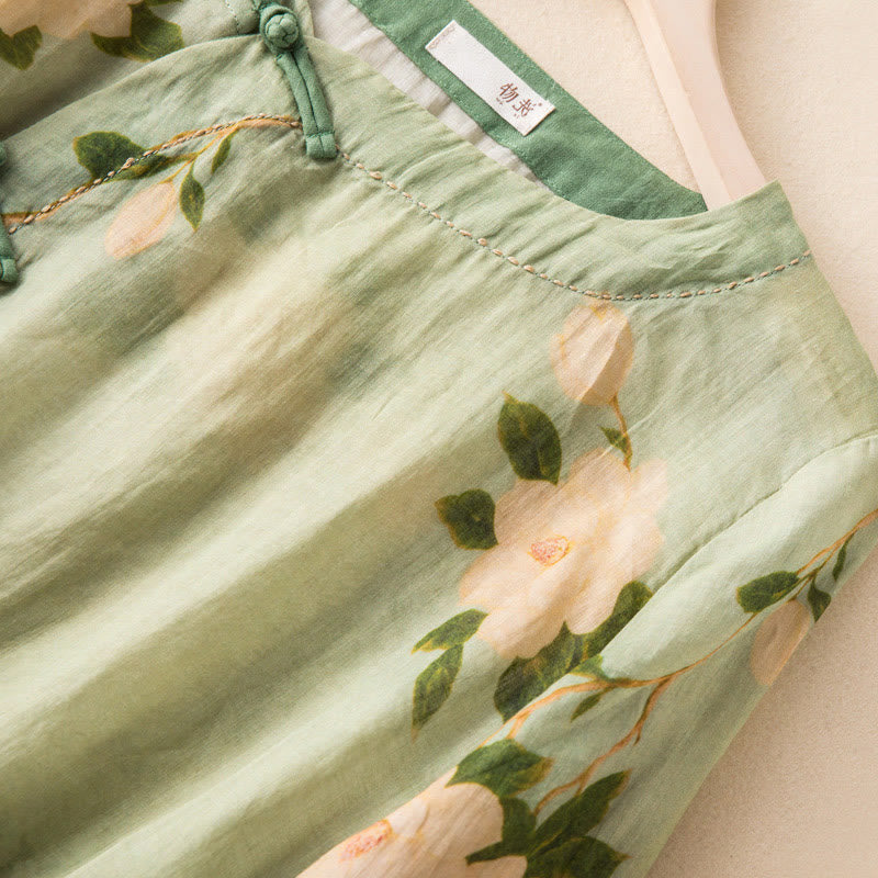 Chemise à manches longues en coton et lin pour femme, cardigan Buddha Stones , vert clair, imprimé artistique, motif floral, grenouille chinoise, boutons - image 3