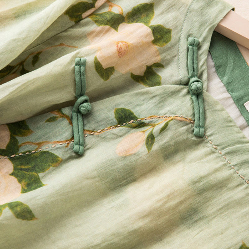 Chemise à manches longues en coton et lin pour femme, cardigan Buddha Stones , vert clair, imprimé artistique, motif floral, grenouille chinoise, boutons - image 6