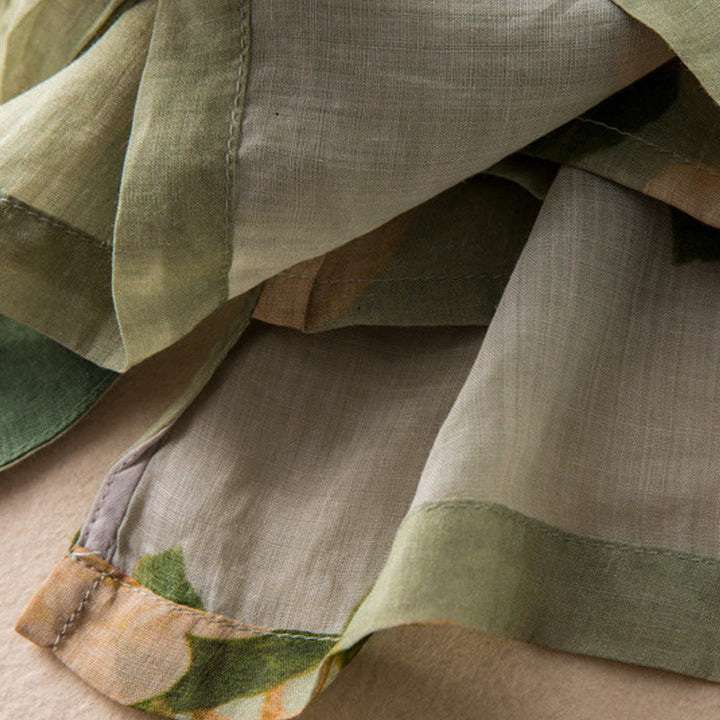 Chemise à manches longues en coton et lin pour femme, cardigan Buddha Stones , vert clair, imprimé artistique, motif floral, grenouille chinoise, boutons - image 14