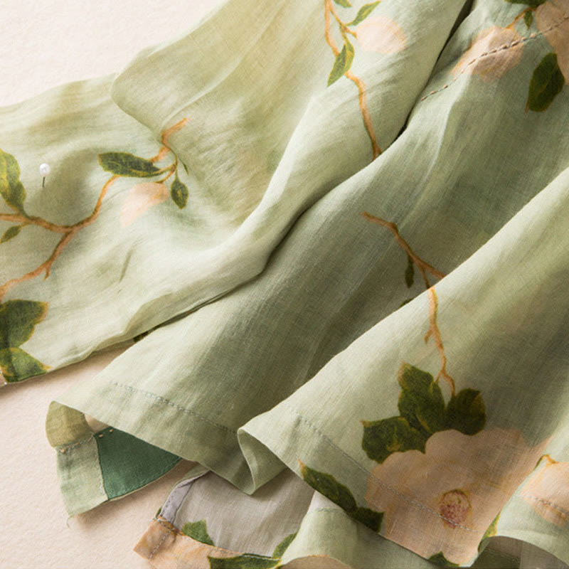 Chemise à manches longues en coton et lin pour femme, cardigan Buddha Stones , vert clair, imprimé artistique, motif floral, grenouille chinoise, boutons - image 16