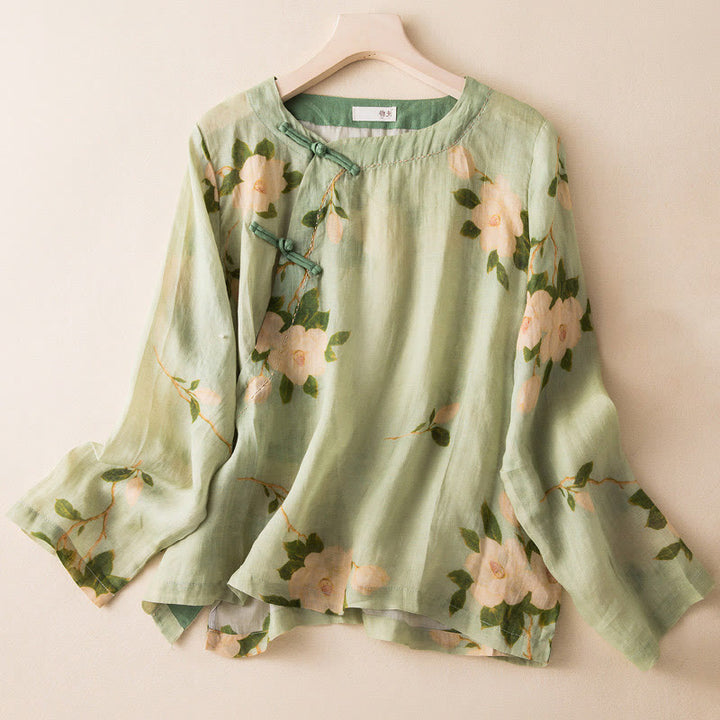 Chemise à manches longues en coton et lin pour femme, cardigan Buddha Stones , vert clair, imprimé artistique, motif floral, grenouille chinoise, boutons - Vert clair - US8-10，UK/AU12-14，EU40-42 (2XL) - image 0