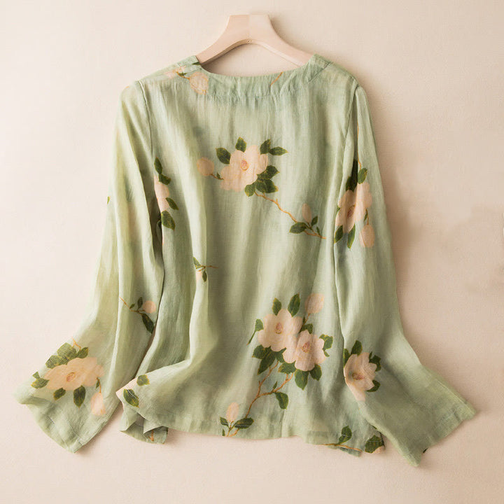 Chemise à manches longues en coton et lin pour femme, cardigan Buddha Stones , vert clair, imprimé artistique, motif floral, grenouille chinoise, boutons - image 1